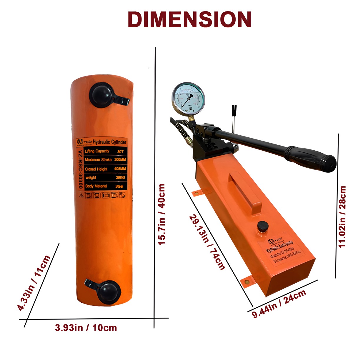 VOLTZ VZ-RSC-30300 Hydraulic Lifting Jack with CP-800S Hydraulic Pump Single Acting Ram 300mm Lifting Hydraulic Cylinder Jack Solid with Hand Pump 30TON