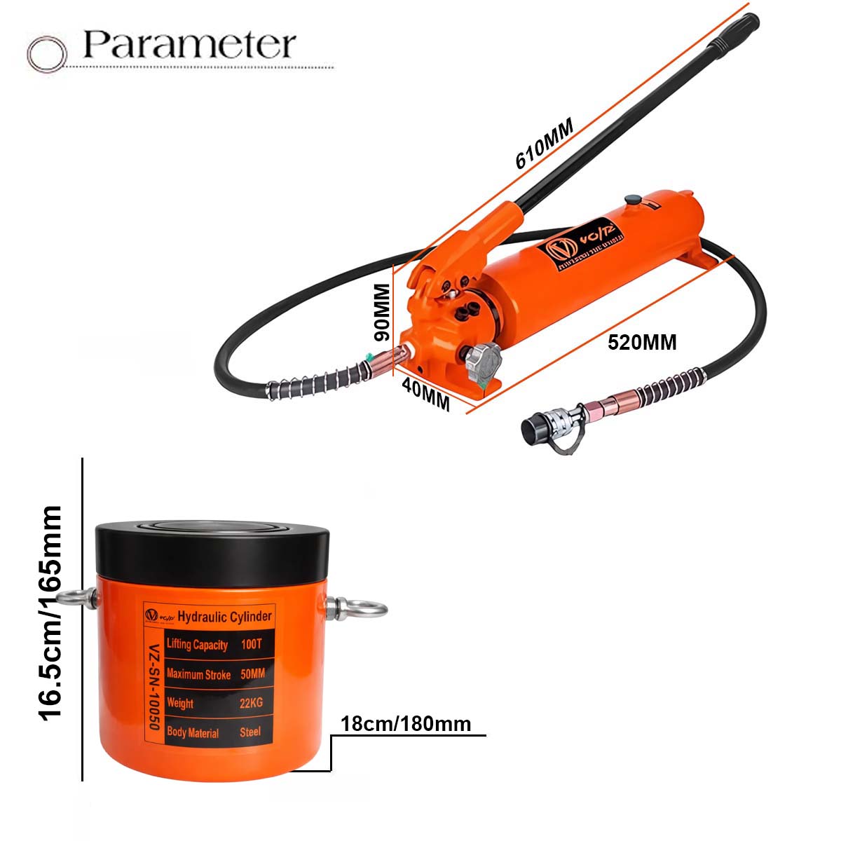 VOLTZ VZ-SN-10050 Hydraulic Lifting Jack with CP-700A Hydraulic Pump Single Acting Lock Nut lifting Stroke 50MM Lift Cylinder Jack Solid 100TON (2inch)