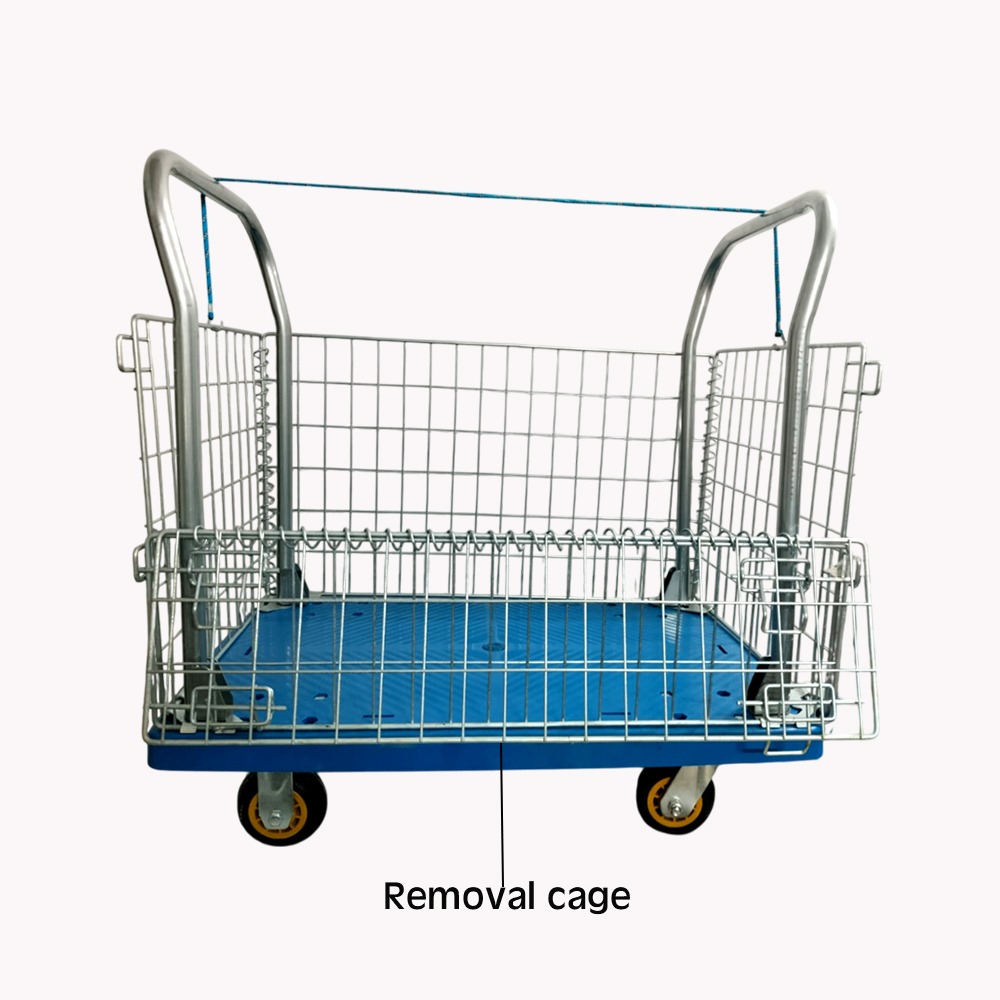 VOLTZ-VTC-400kg Plastic Platform Trolley With Fence Double Handrail Platform Trolley 400kg For Loading And Storage Materials 360 Degree Swivel Wheels, Portable, Foldable Easily Storable Trolley