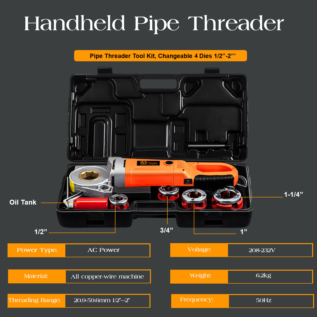 VOLTZ VZ-PMT-2300-1 Electric Pipe Threader Upgraded Pipe Threading Machine Uses Pure Copper Motor 2300W Portable Handheld NPT Threader Kit with 4 HSS Dies (1/2”-1-1/4”)
