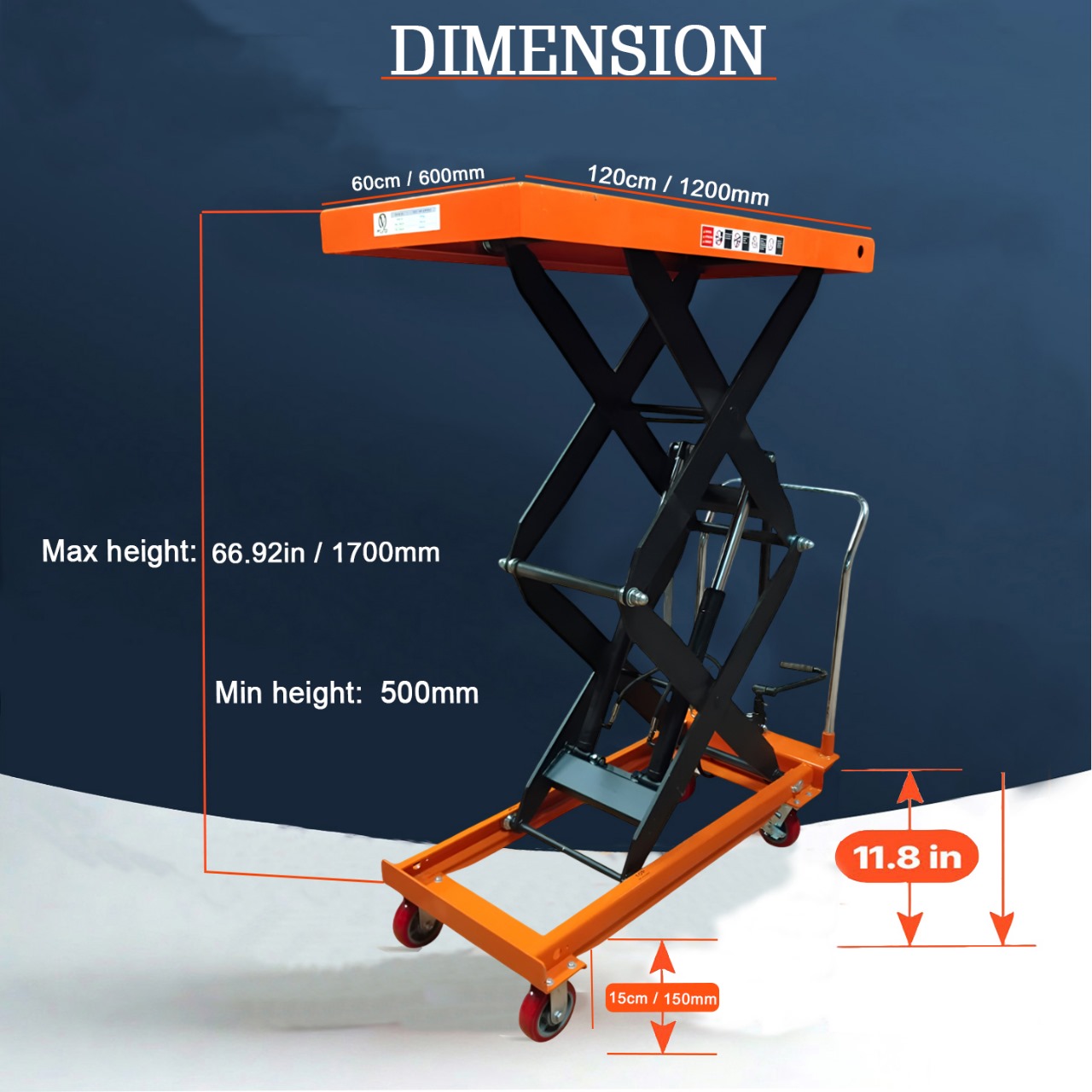 VOLTZ 1000Kg Hydraulic Lift Trolley Max Height 1700 mm Manual Scissor Lift Table w/ 4 Wheels and Foot Pump, Elevating Hydraulic Cart for Material Handling, Orange