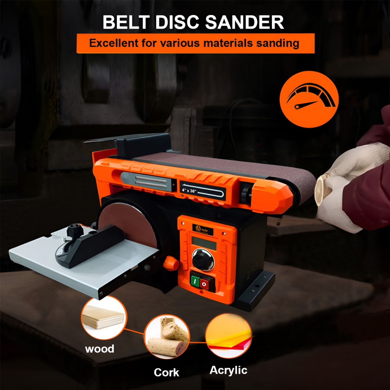 VOLTZ VZ-BSH1510 New 400W Electric Belt Grinder Sander 4”x 36” in. Belt & Disc Sander 6” Bench Sanding Machine With Speed Controller Workshop Grinding Machine