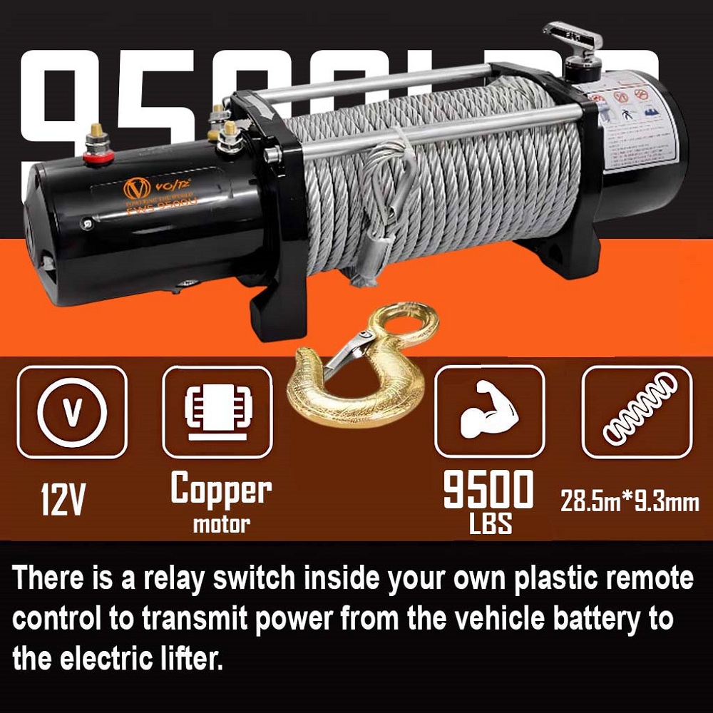 VOLTZ EWS-9500U 12VDC Electric winch with steel rope (5443kg) single line, battery-operated Remote control winch Cable (28.5M/9.3mm) alloy steel