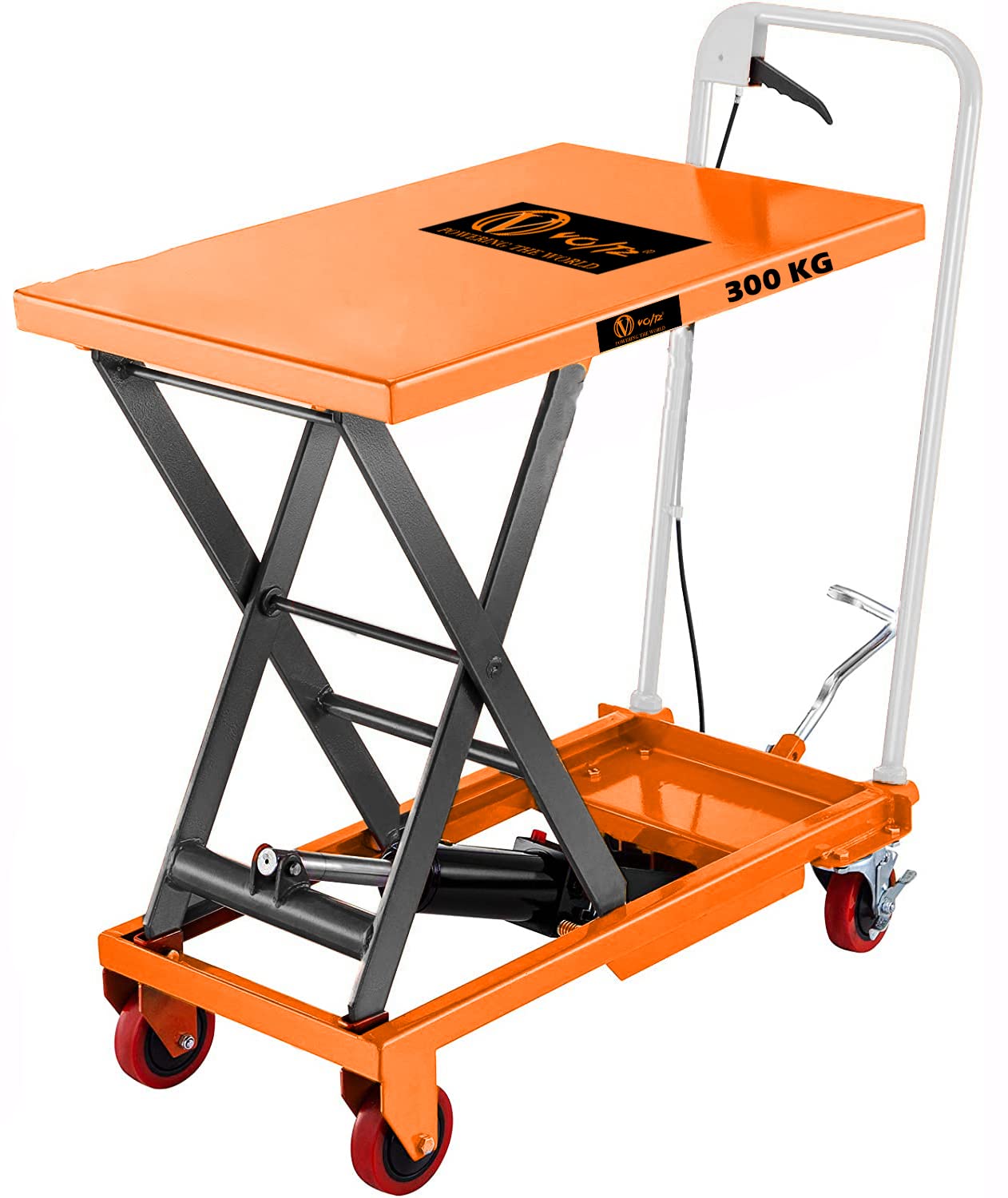 VOLTZ 300 Kg Hydraulic Lift Trolley Max. Height 900 mm Manual Scissor Lift Table w/ 4 Wheels and Foot Pump, Elevating Hydraulic Cart for Material Handling, Orange