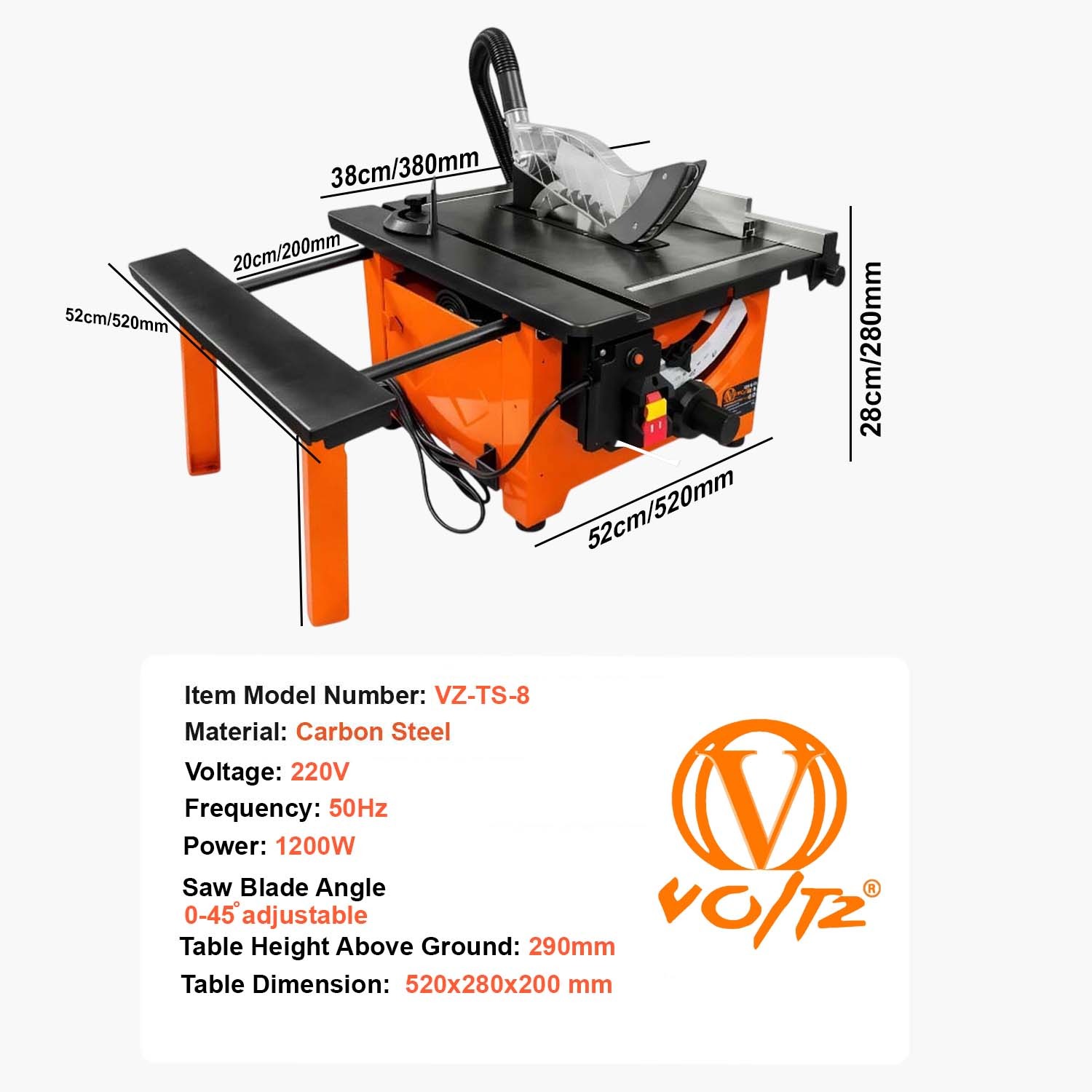 VOLTZ VZ-TS8 1200W Wood Corded Electric Table Saw 5000 Rpm Portable Steel Body Structure With 24 & 60 Teeth Blades Table Saw