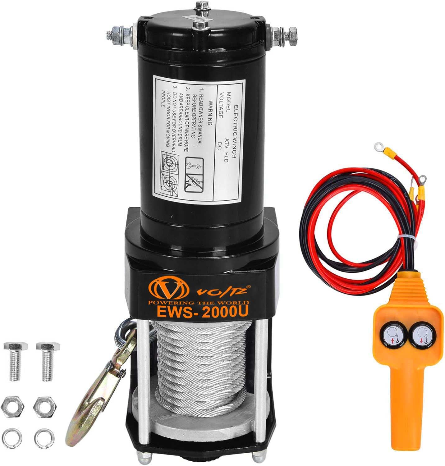 VOLTZ EWS-2000U 12V Electric winch with steel rope (907kg) single line, battery-operated Remote control winch Cable (8M)/4mm alloy steel