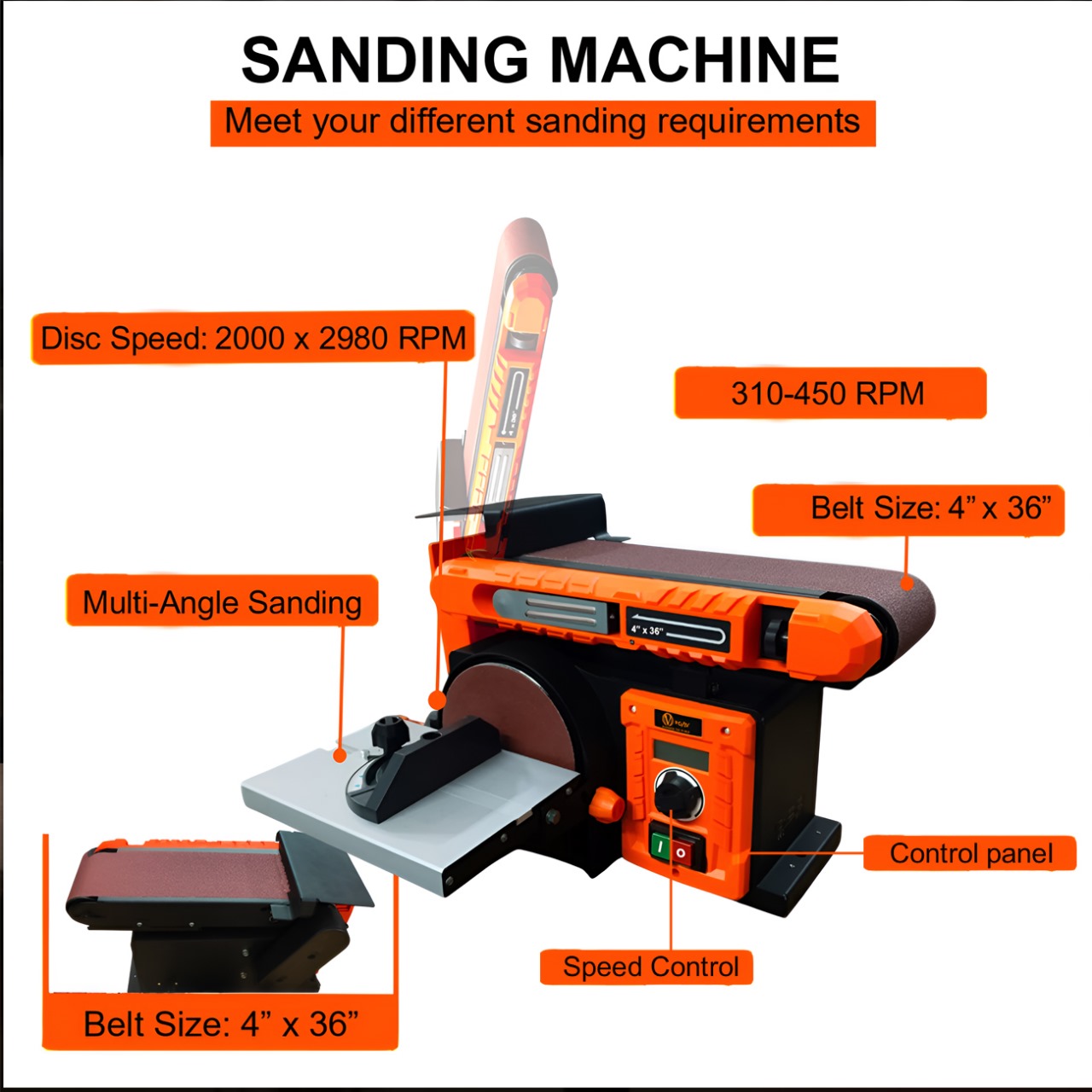 VOLTZ VZ-BSH1510 New 400W Electric Belt Grinder Sander 4”x 36” in. Belt & Disc Sander 6” Bench Sanding Machine With Speed Controller Workshop Grinding Machine