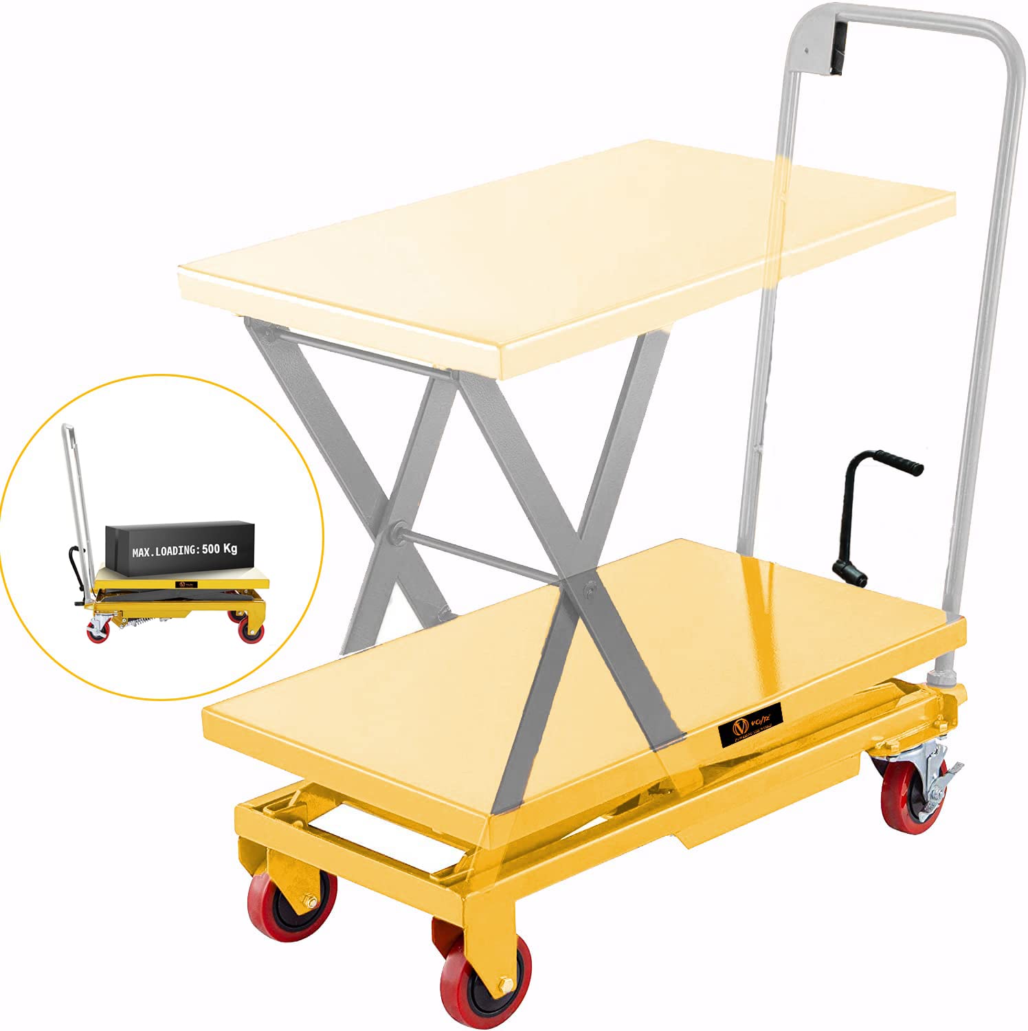 VOLTZ 500 Kg Hydraulic Lift Trolley Max. Height 1500 mm Manual Scissor Lift Table w/ 4 Wheels and Foot Pump, Elevating Hydraulic Cart for Material Handling, Yellow