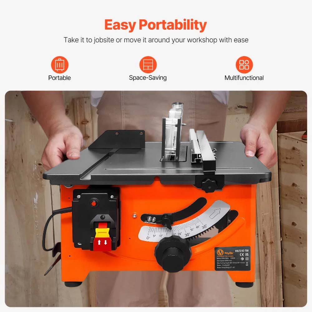 VOLTZ VZ-TS8 1200W Wood Corded Electric Table Saw 5000 Rpm Portable Steel Body Structure With 24 & 60 Teeth Blades Table Saw