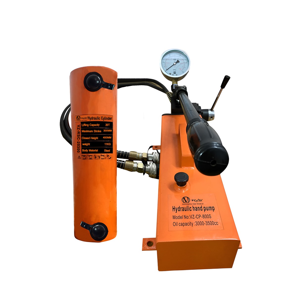 VOLTZ VZ-RSC-20300 Hydraulic Lifting Jack with CP-800S Hydraulic Pump Single Acting Ram 300mm Lifting Hydraulic Cylinder Jack Solid with Hand Pump 20 TON