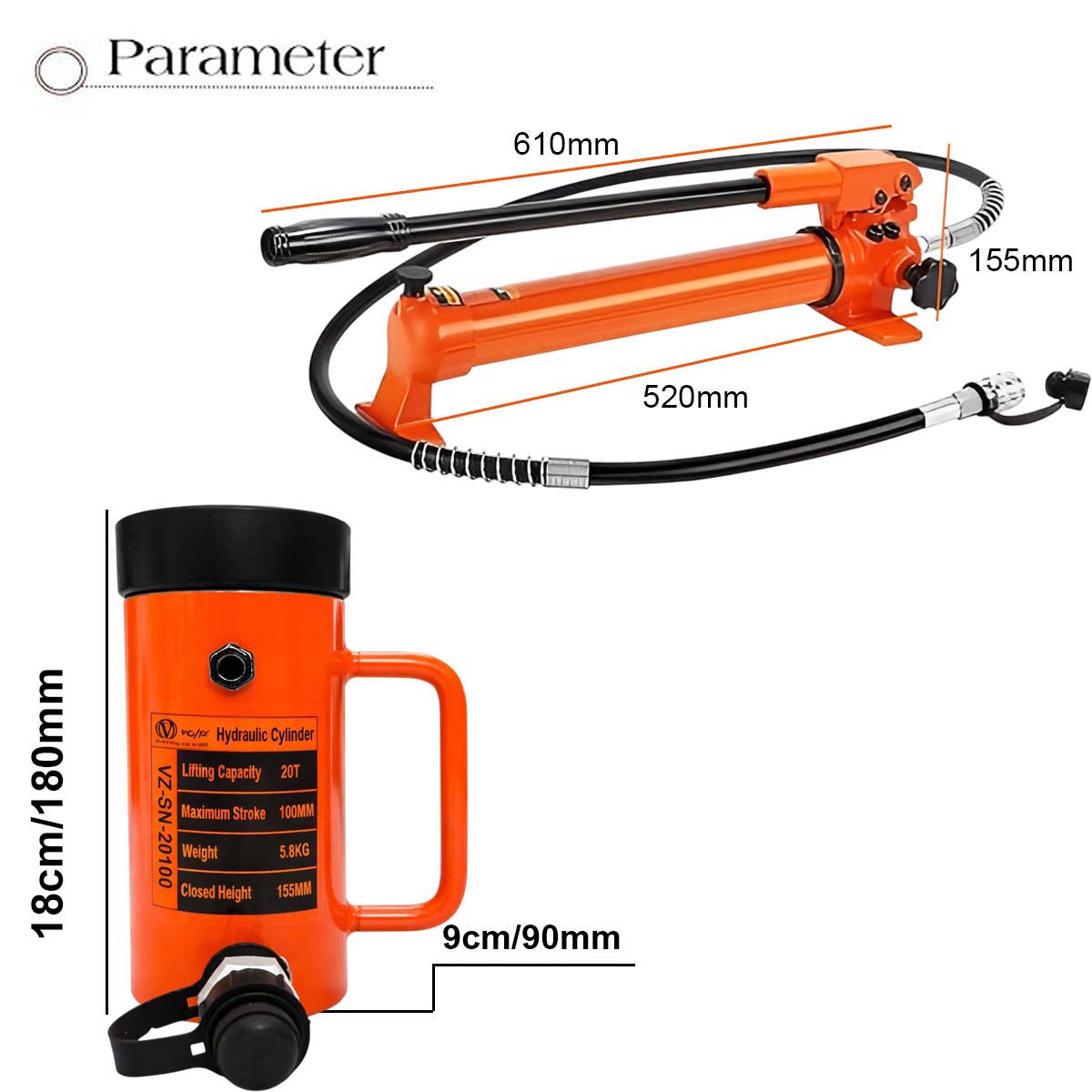 VOLTZ VZ-SN-20100 Hydraulic Lifting Jack with CP-700 Hydraulic Pump Single Acting Lock Nut lifting Stroke 100MM Lift Cylinder Jack Solid 20TON (4inch)