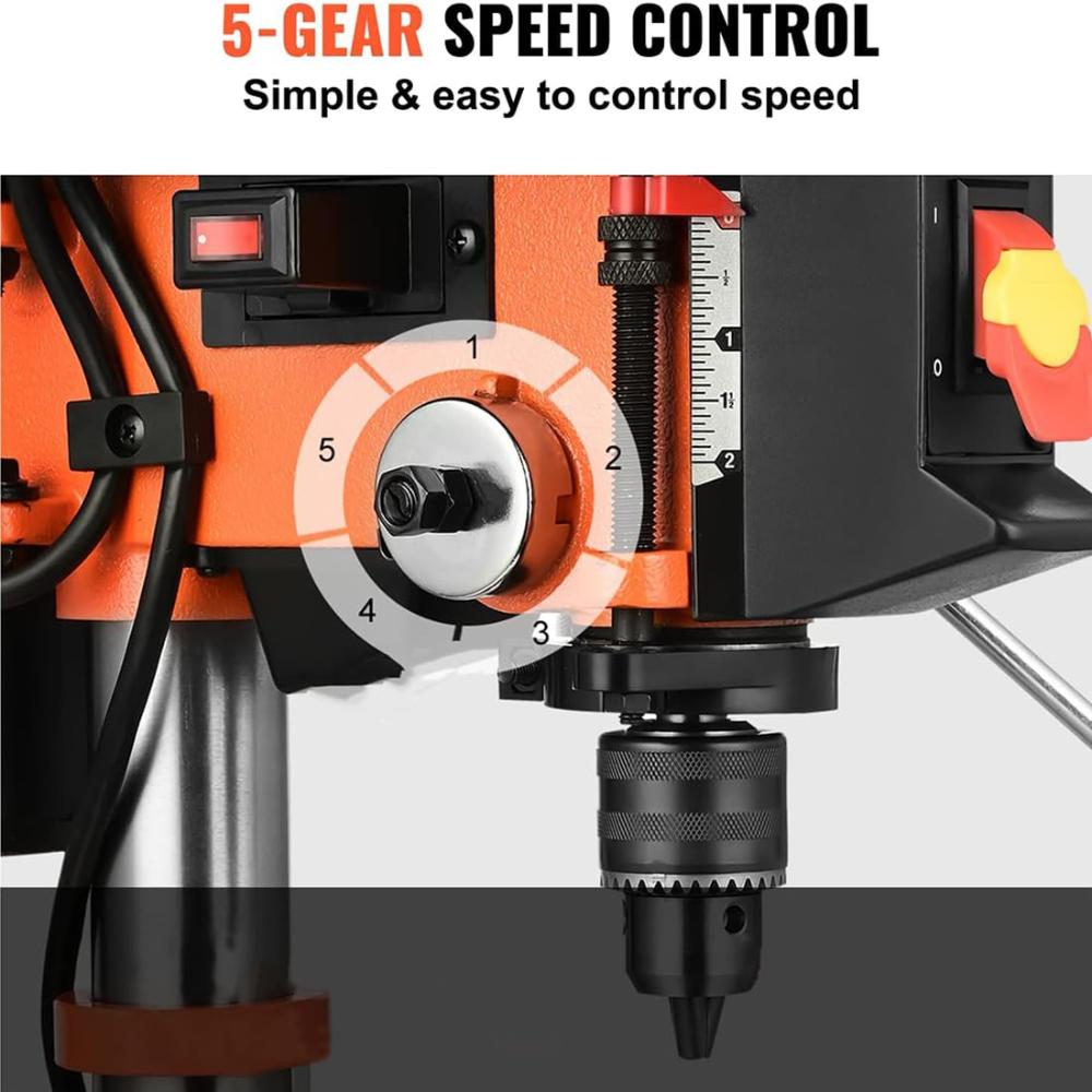 VOLTZ VZ-DP13 1.6-Amp 8-Inch 5-Speed Cast Iron Benchtop Drill Press for wood working with Led Light,Black/Orange(350w)