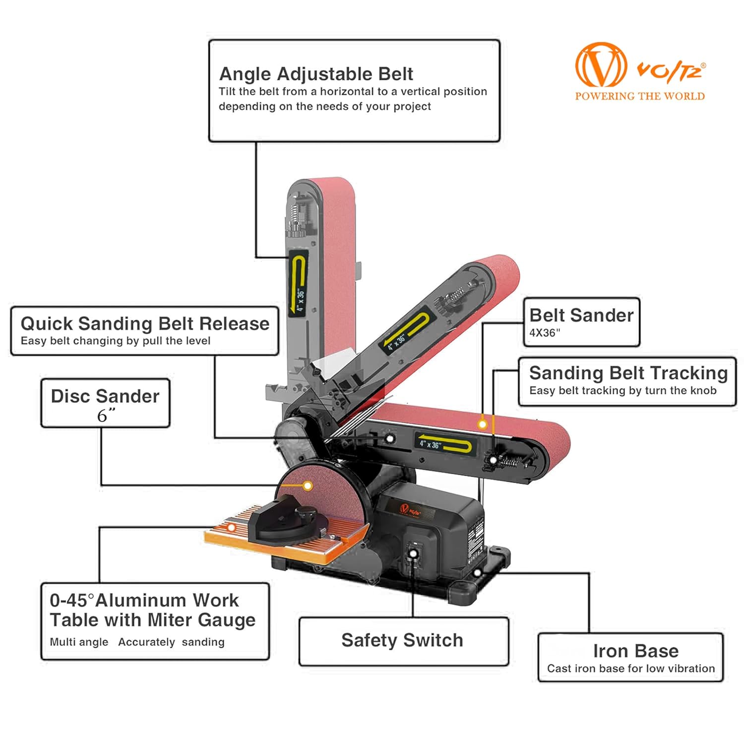 VOLTZ VZ-DS-500 Electric Belt Grinder Sander 6 Inch Electric Belt & Disc Sander 500W Grinder Polisher2980RPM Variable Speed Metal Bench Sanding Machine Workshop Sanding Grinding Machine