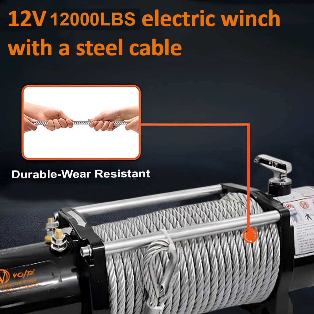 VOLTZ EWS-12000U 12V/24V Electric winch with steel rope (5443kg) single line, battery-operated Remote control winch Cable (27M/9.5mm) alloy steel