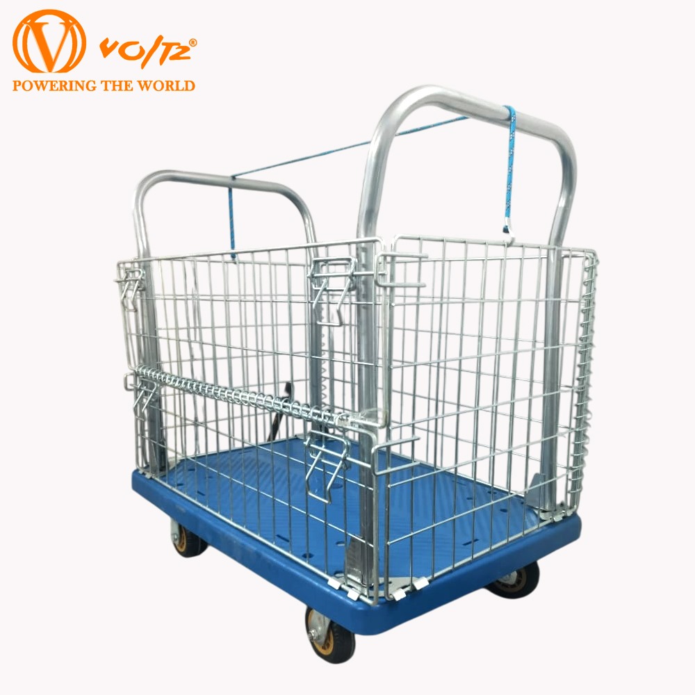 VOLTZ-VTC-400kg Plastic Platform Trolley With Fence Double Handrail Platform Trolley 400kg For Loading And Storage Materials 360 Degree Swivel Wheels, Portable, Foldable Easily Storable Trolley