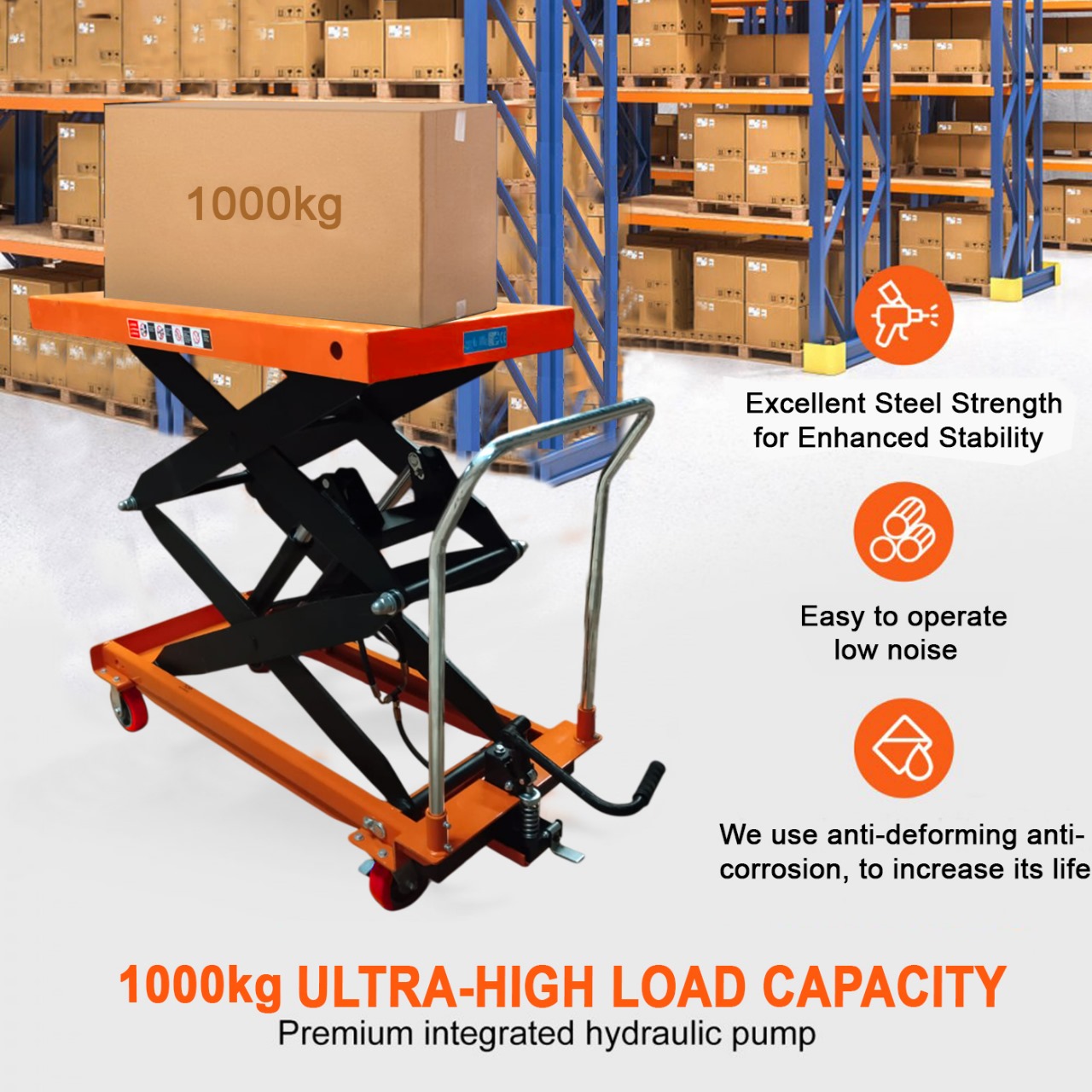 VOLTZ 1000Kg Hydraulic Lift Trolley Max Height 1700 mm Manual Scissor Lift Table w/ 4 Wheels and Foot Pump, Elevating Hydraulic Cart for Material Handling, Orange