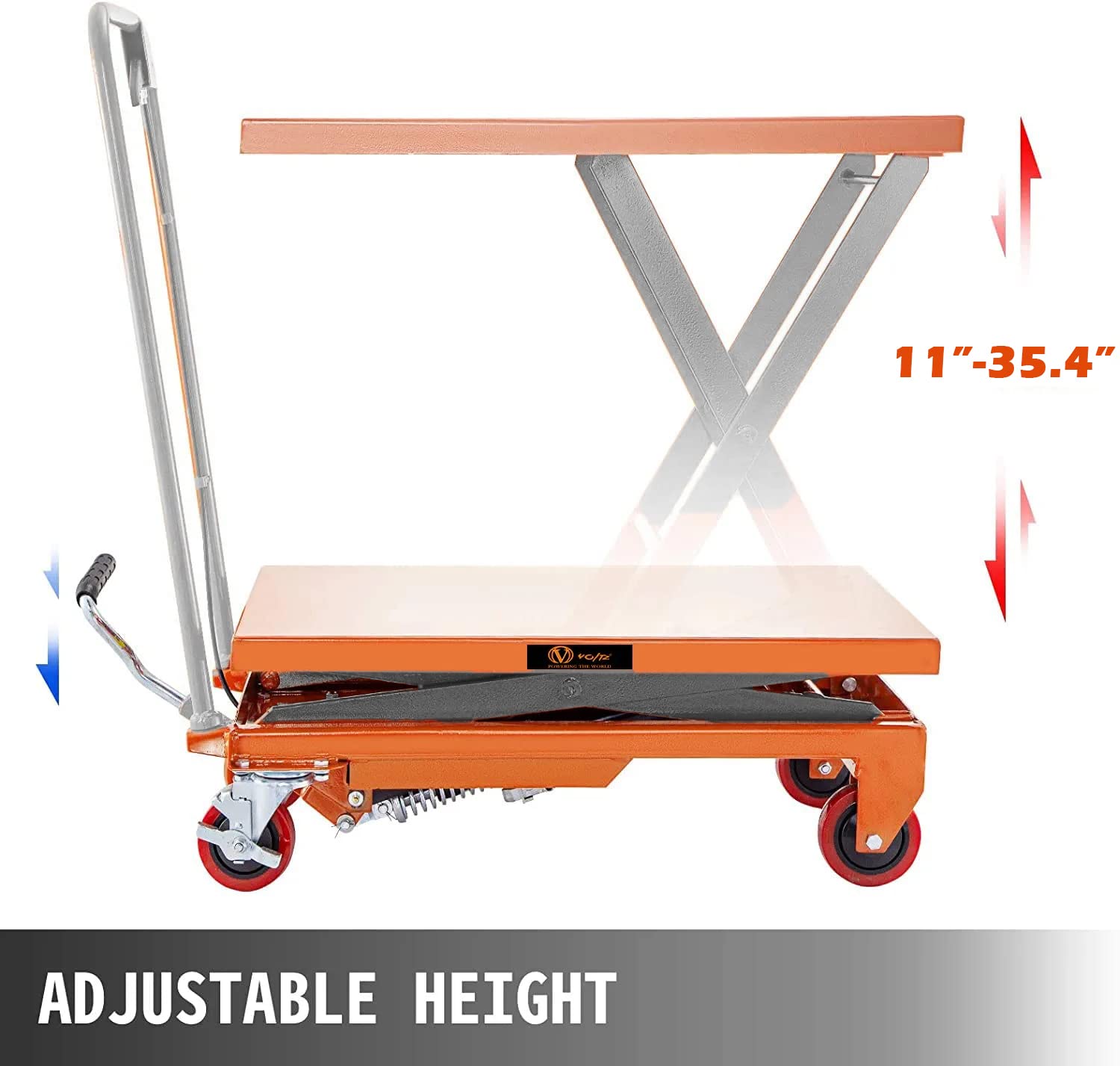 VOLTZ 300 Kg Hydraulic Lift Trolley Max. Height 900 mm Manual Scissor Lift Table w/ 4 Wheels and Foot Pump, Elevating Hydraulic Cart for Material Handling, Orange