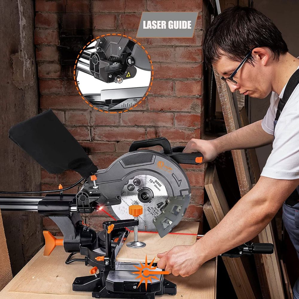 VOLTZ VZ-MS255 10” Dual Bevel Sliding Compound Miter Saw with Laser & LED Light (2400W, 4500 RPM, 80T TCT Blade)