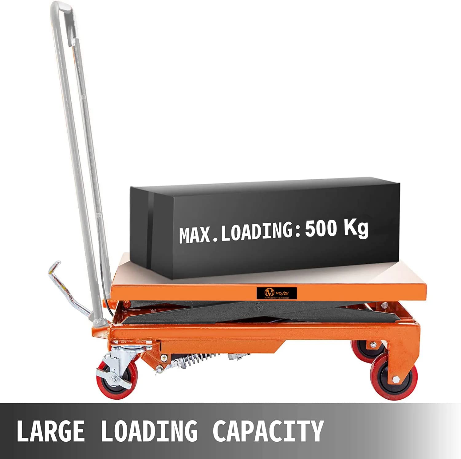 VOLTZ 500 Kg Hydraulic Lift Trolley Max. Height 900 mm Manual Scissor Lift Table w/ 4 Wheels and Foot Pump, Elevating Hydraulic Cart for Material Handling, Orange