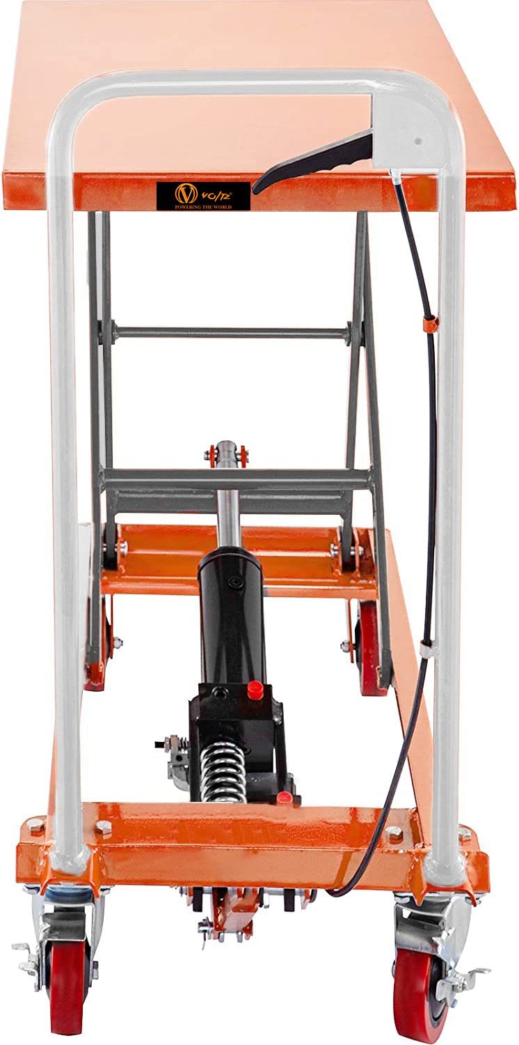 VOLTZ 500 Kg Hydraulic Lift Trolley Max. Height 900 mm Manual Scissor Lift Table w/ 4 Wheels and Foot Pump, Elevating Hydraulic Cart for Material Handling, Orange