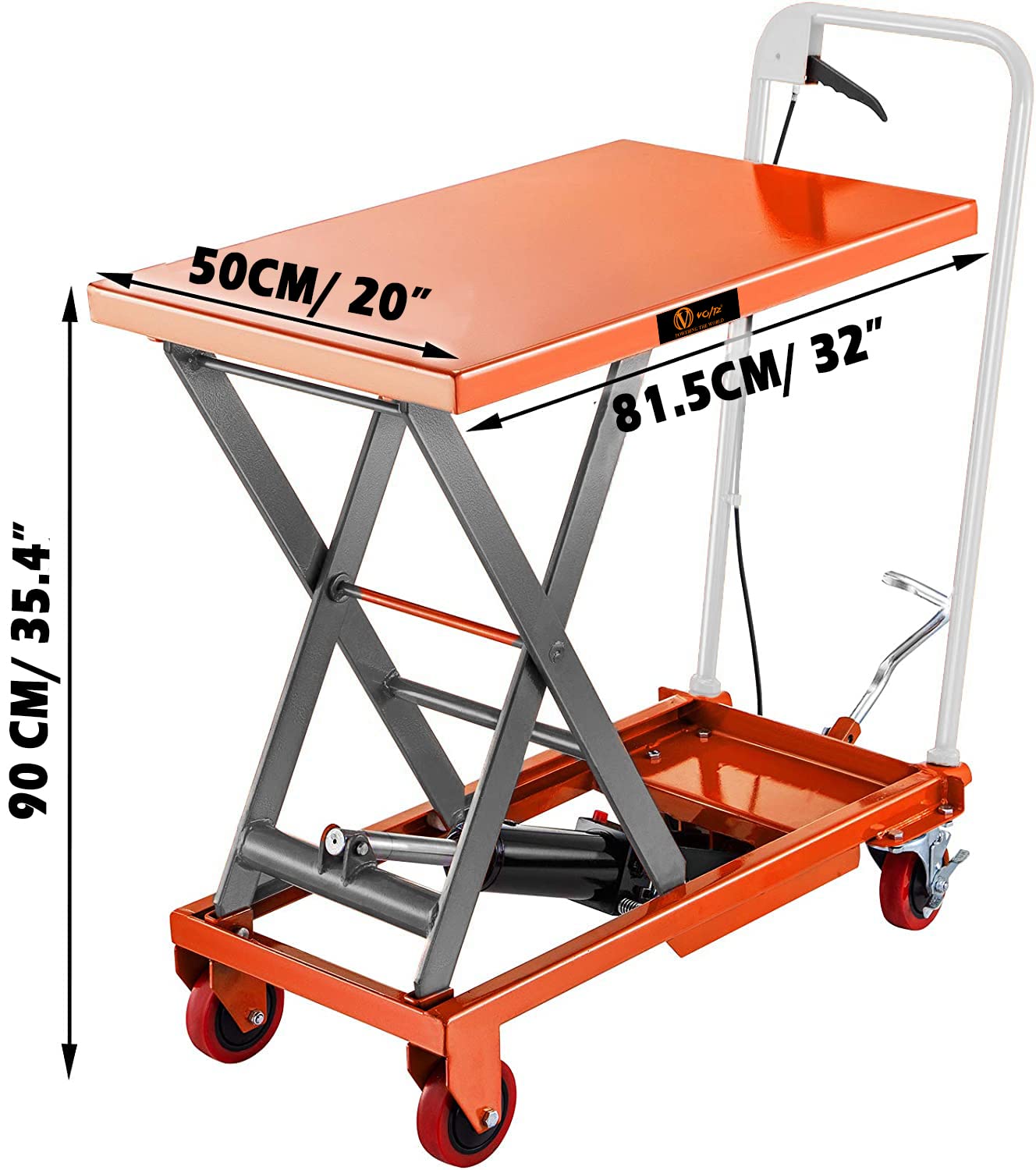 VOLTZ 500 Kg Hydraulic Lift Trolley Max. Height 900 mm Manual Scissor Lift Table w/ 4 Wheels and Foot Pump, Elevating Hydraulic Cart for Material Handling, Orange