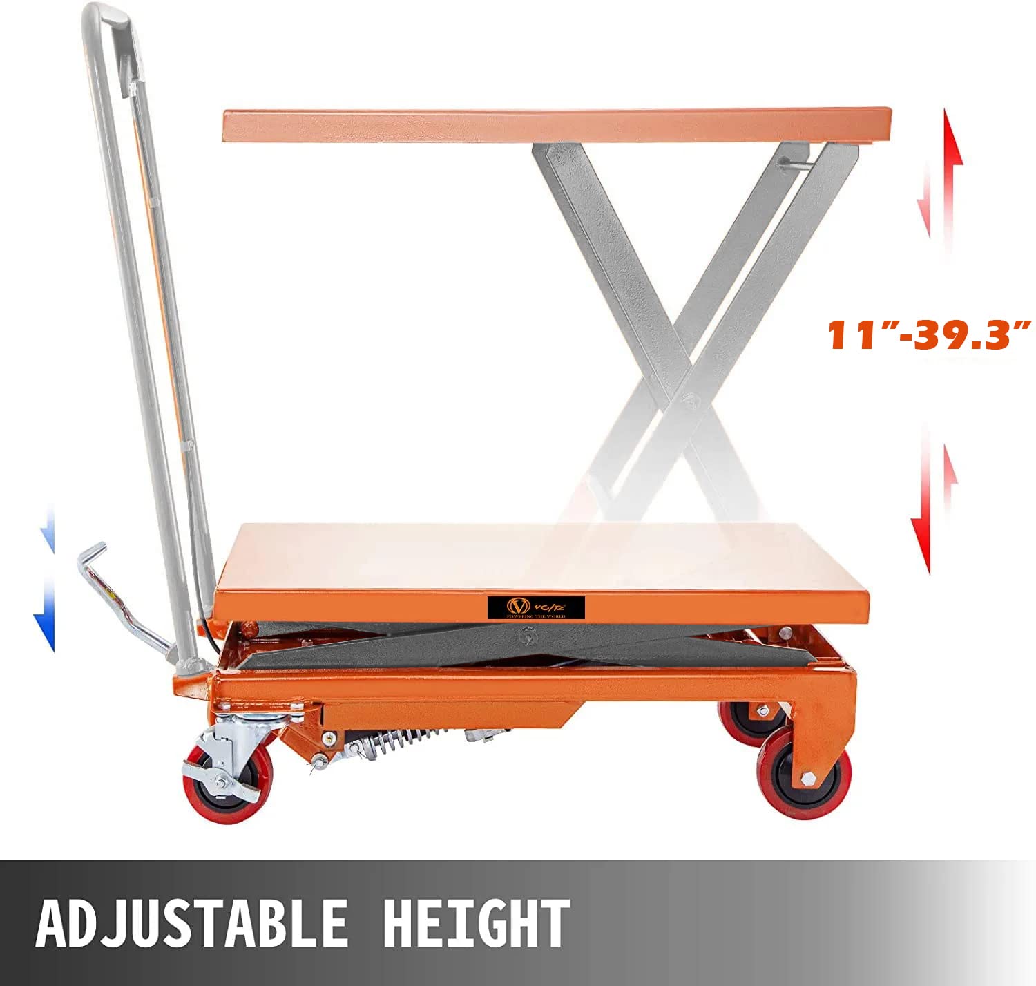 VOLTZ 500 Kg Hydraulic Lift Trolley Max. Height 900 mm Manual Scissor Lift Table w/ 4 Wheels and Foot Pump, Elevating Hydraulic Cart for Material Handling, Orange